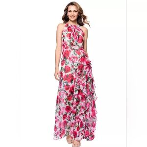 NWT Betsy & Adam Pink and Green Floral Halter Maxi Dress